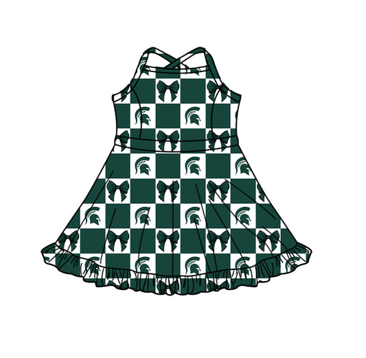 Preorder (moq 5) Baby Girls Strap Bows Michigan Checked Team Short Knee Length Dress