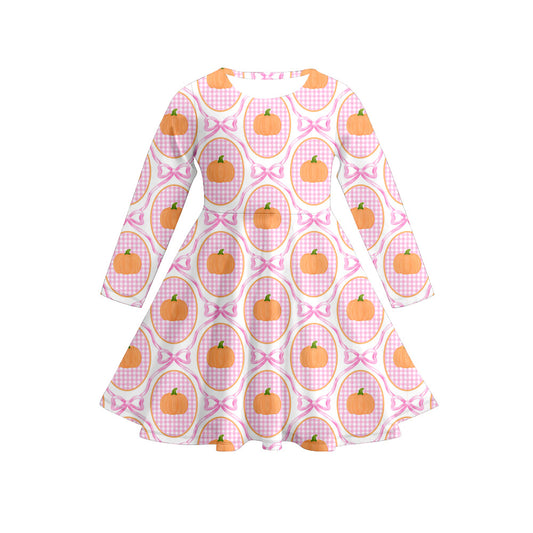 Preorder (moq 5)Baby Girls Long Sleeves Pink Plaid Bows Pumpkins Knee Length Dresses