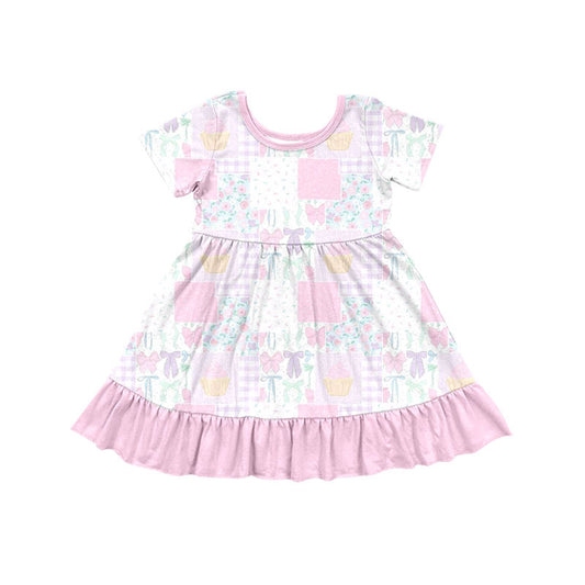 Preorder(moq 8)Baby Girls Pink Flowers Bows Checked Ruffle Knee Length Dresses