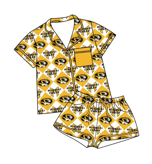 Preorder (moq 5)Baby Girls Team Bows Checked Button Pocket Top Shorts Pajamas Sets