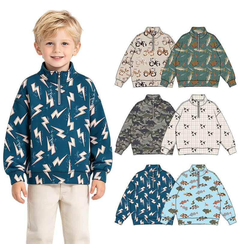 Preorder (moq 5) Baby Boy Clothes Vintage Lightning Bolt Distressed Navy Print Quarter Zip Sweatshirt