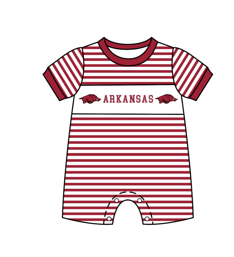 Preorder (moq 5)Baby Boys Short Sleeve Arkansas Red Stripe Team Rompers