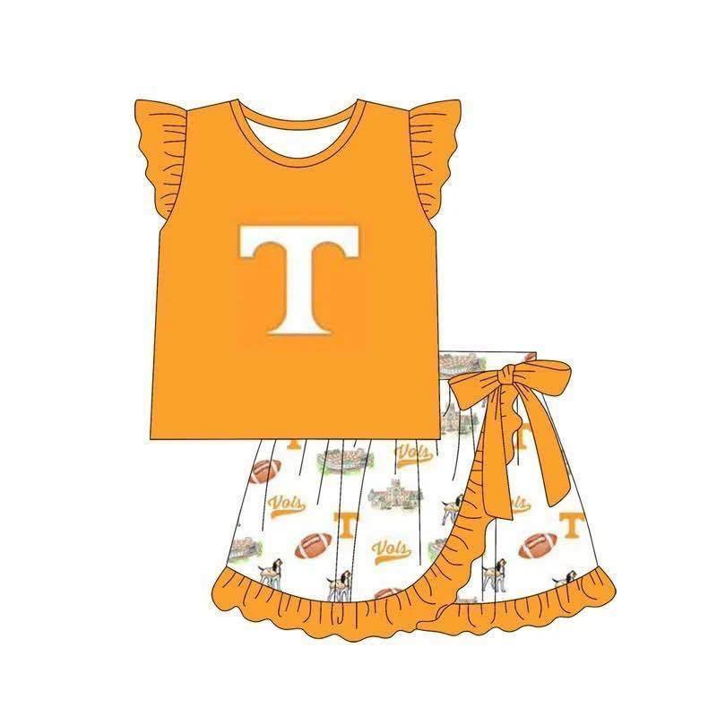 Preorder (moq 5)Baby Girls Orange T Vols Shirt Top Footballs Skirt Short Team Clothes Set