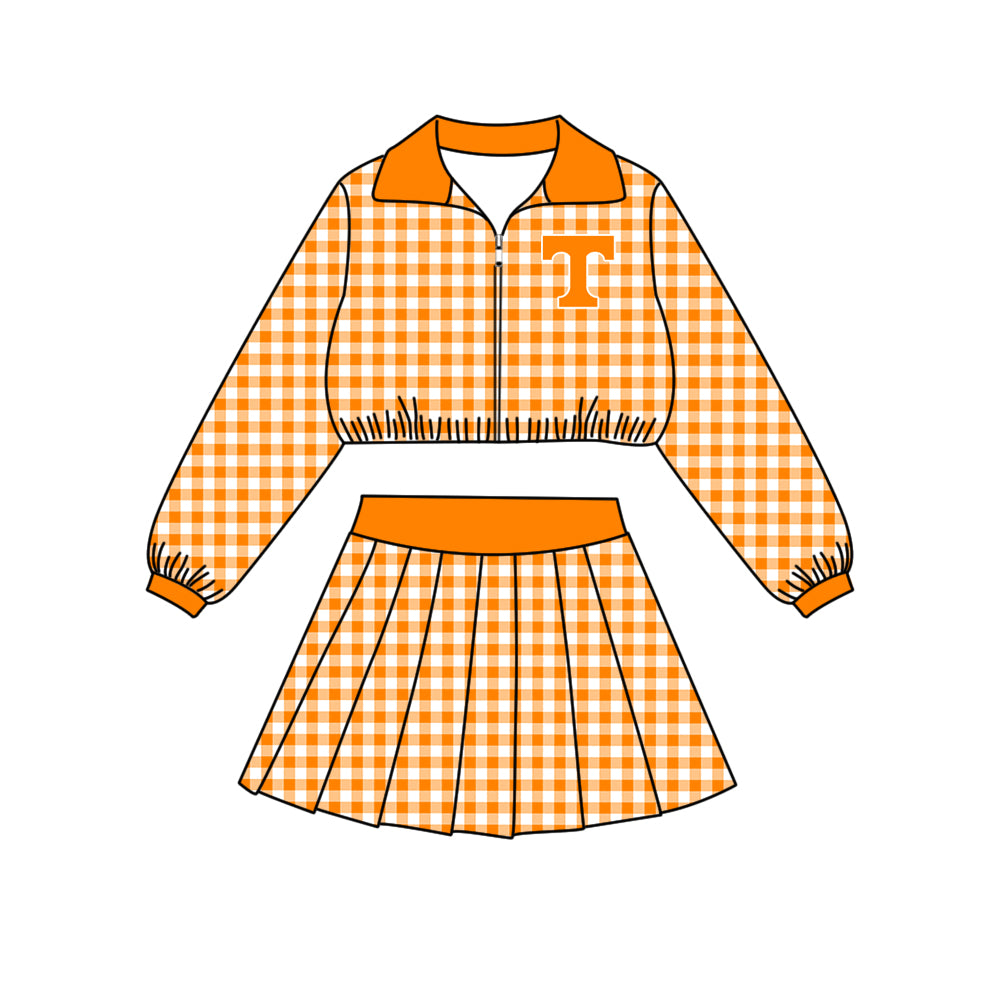 Preorder (moq 5) Girls’ Team Orange Plaid Collared Long-Sleeve Zip-Up Jacket & Matching Pleated Skirt 2-Piece Set