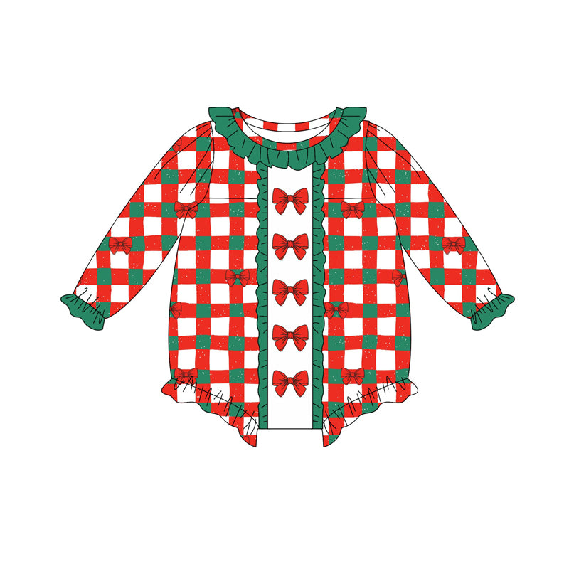 Preorder(moq 5)Baby Infant Girls Red Green Checked Bows Christmas Ruffle Rompers