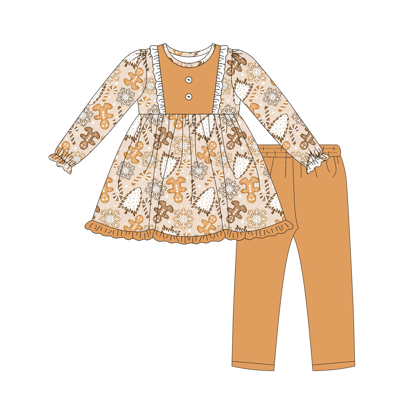 Preorder (moq 5)Baby Girls Long Ruffle Sleeves Gingerbread Trees Button Tunic Legging Pant Set