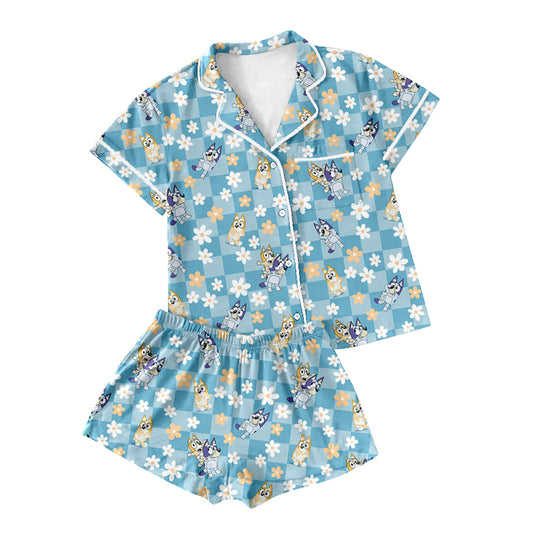 Preorder(moq 5)Adult Women Blue Flowers Dogs Buttons Tee Shirts Shorts Pajamas Sets