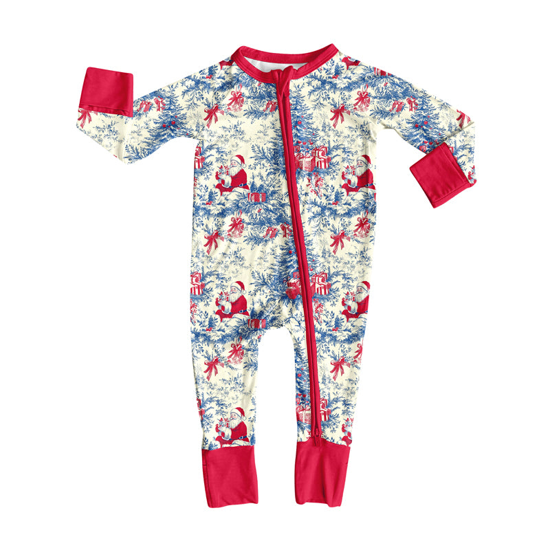Preorder(moq 5)Baby Girls Red Santa Floral Plaid Zipper Pant Rompers