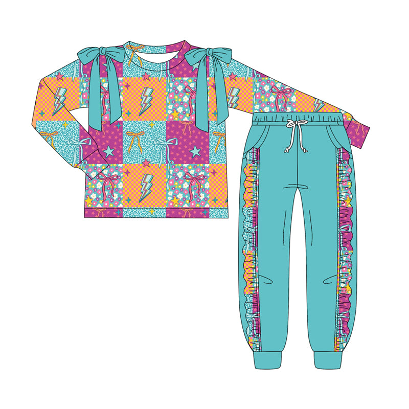 Preorder (moq 5)Baby Girls Long Sleeves Bows Lights Stars Top Pockets Pant Clothes Set