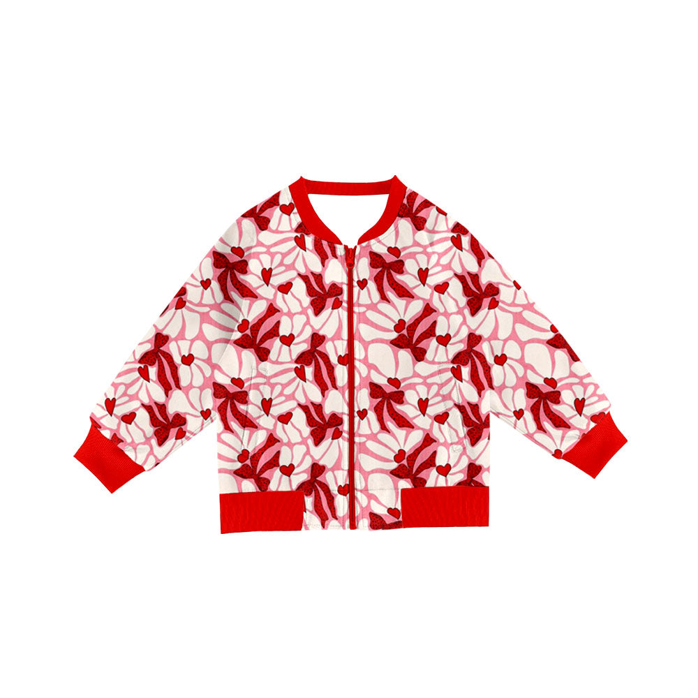 Preorder(moq 8)Baby Girls Long Sleeve Red Bows Hearts Pockets Zip Valentine Jackets Top