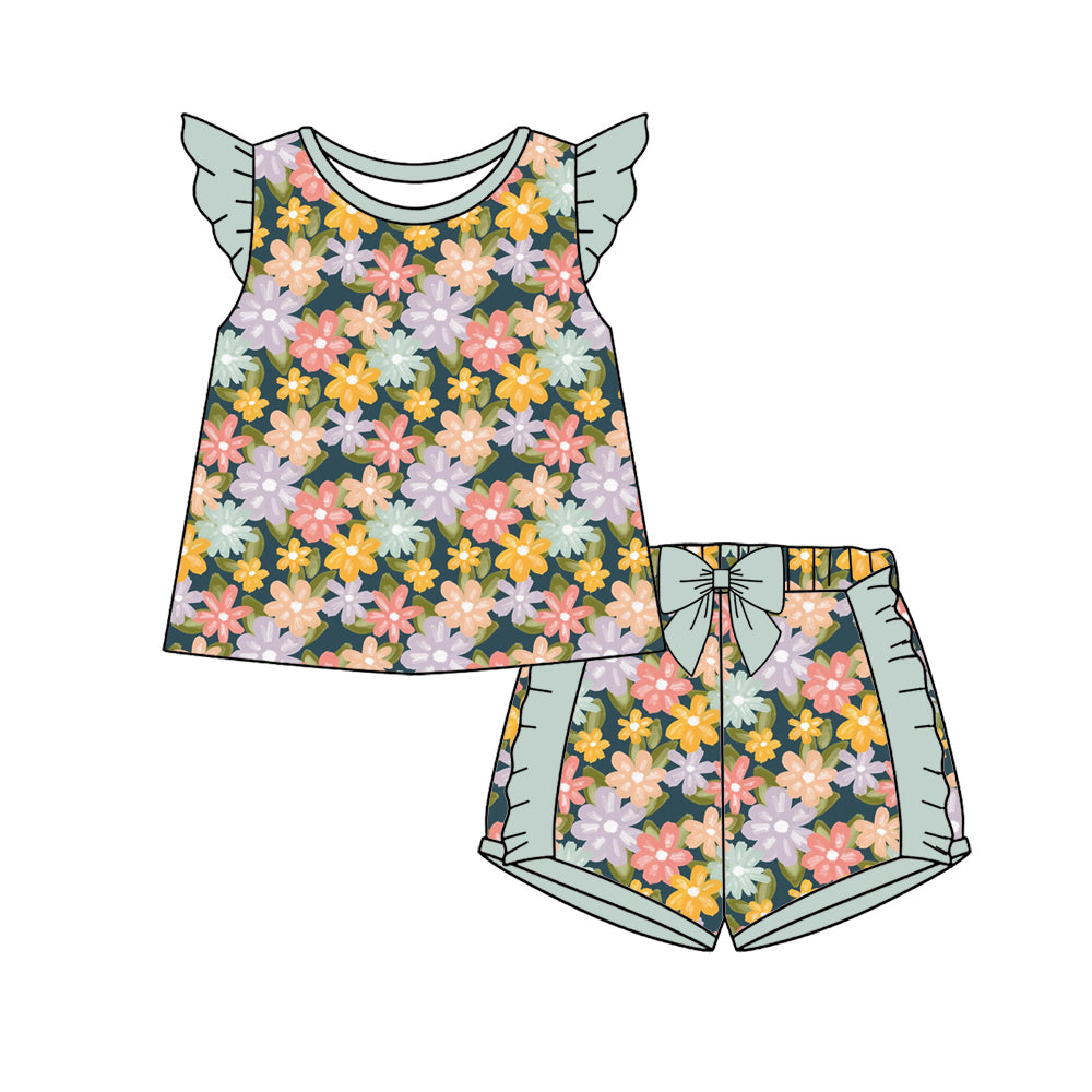 Preorder (moq 5)Baby Girls Flutter Sleeve Colorful Flowers Tunic Ruffle Short Clothes Sets