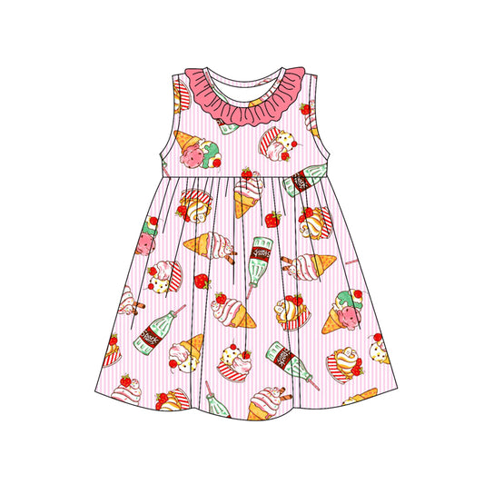 Preorder (moq 5)Baby Girls Pink Stripe Sleeveless Ice Cream Round Collar Knee Length Dresses