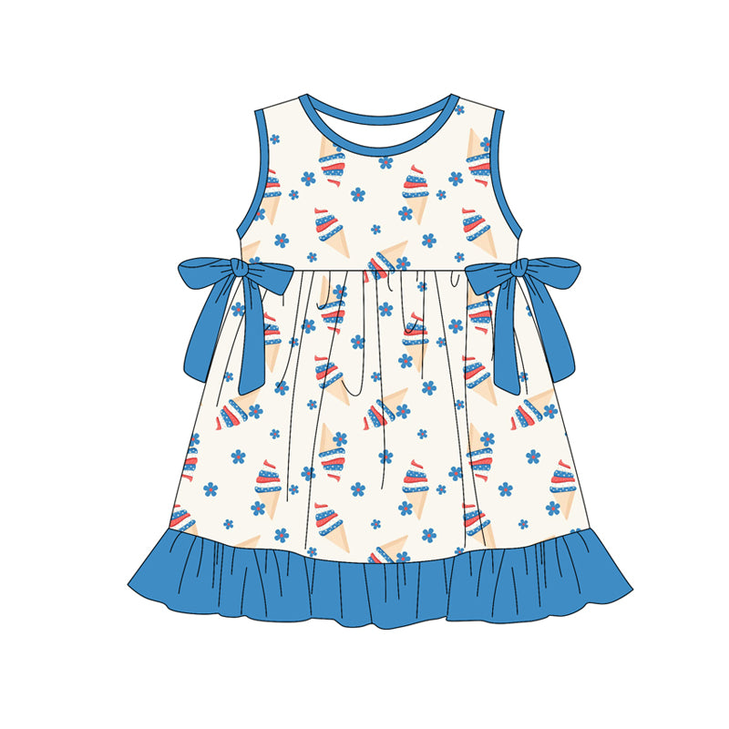 Preorder (moq 5)Baby Girls Flowers Ice Creams Bows 4th of July Ruffle Knee Length Dresses