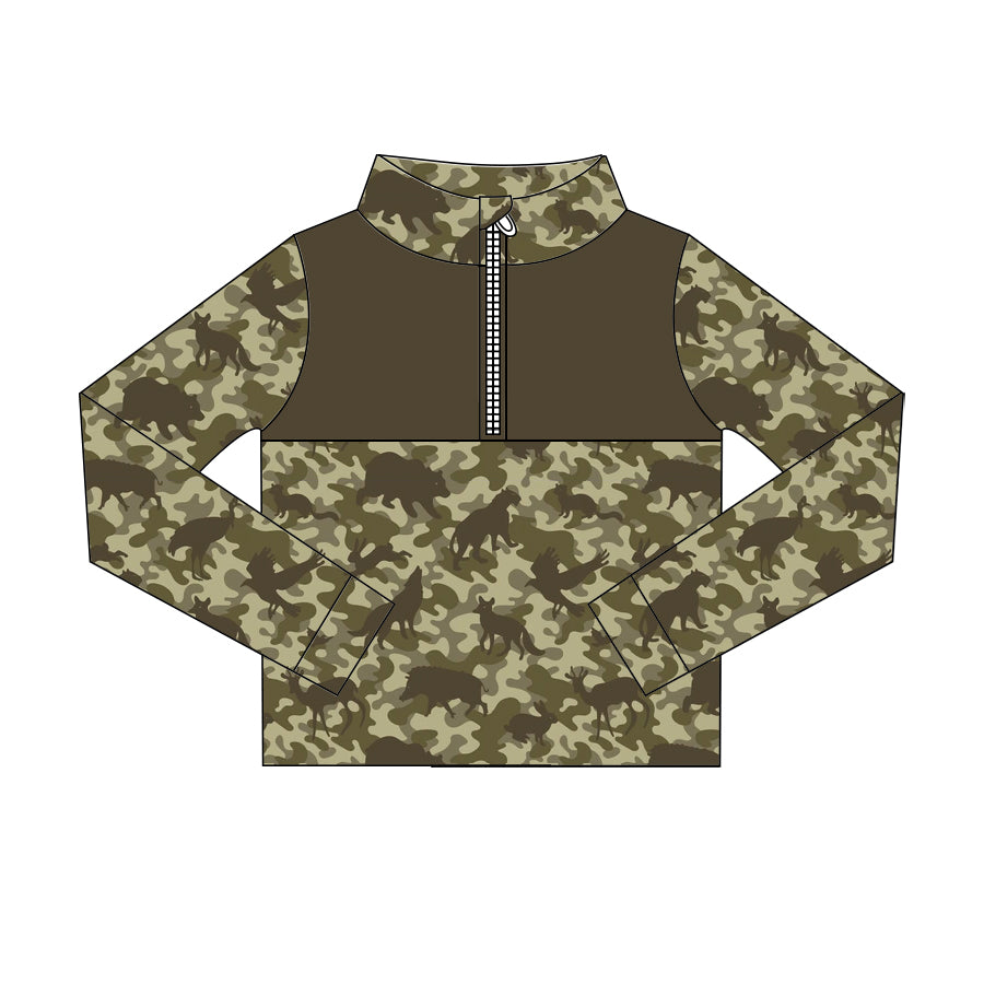Preorder (moq 5)Baby Boys Long Sleeve Ducks Animals Camo Hunting Zip Pullovers Tops