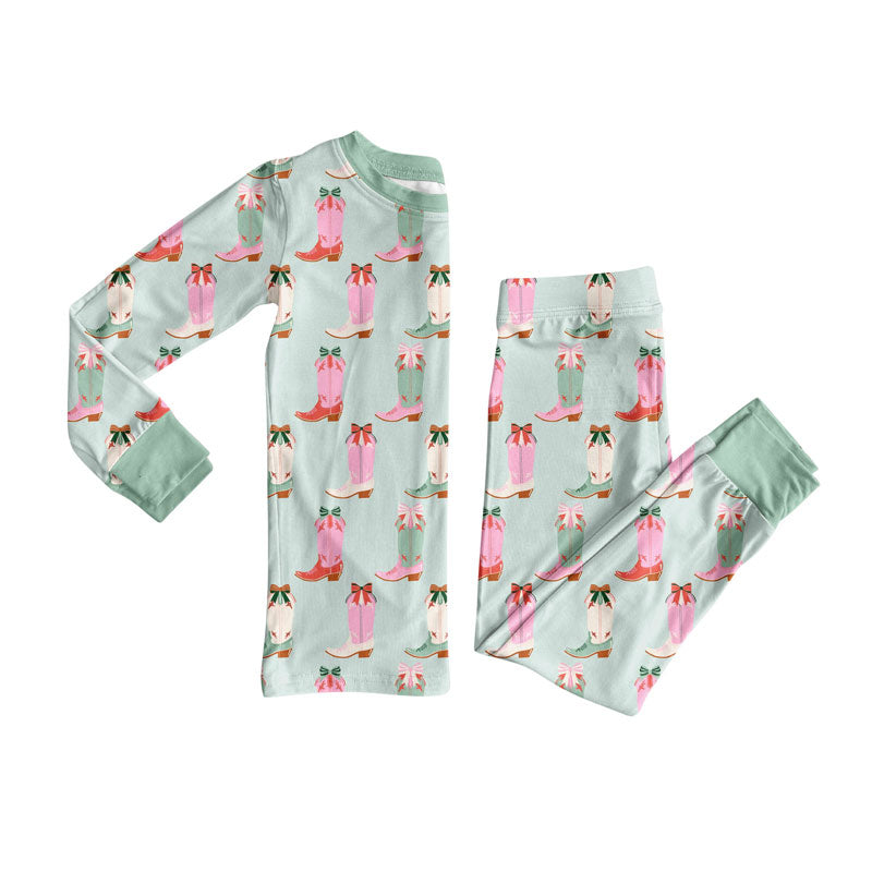 Preorder(moq 8)Baby Girls Green Pink Bows Boots Top Pants Western Pajamas Set