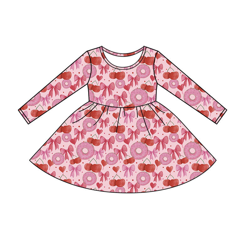 Preorder (moq 5)Baby Girls Pink Donuts Hearts Bows Valentines Knee Length Dresses