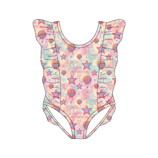 Preorder (moq 5)Baby Girls Flutter Sleeve Sea World Bows Ruffle Swimsuits