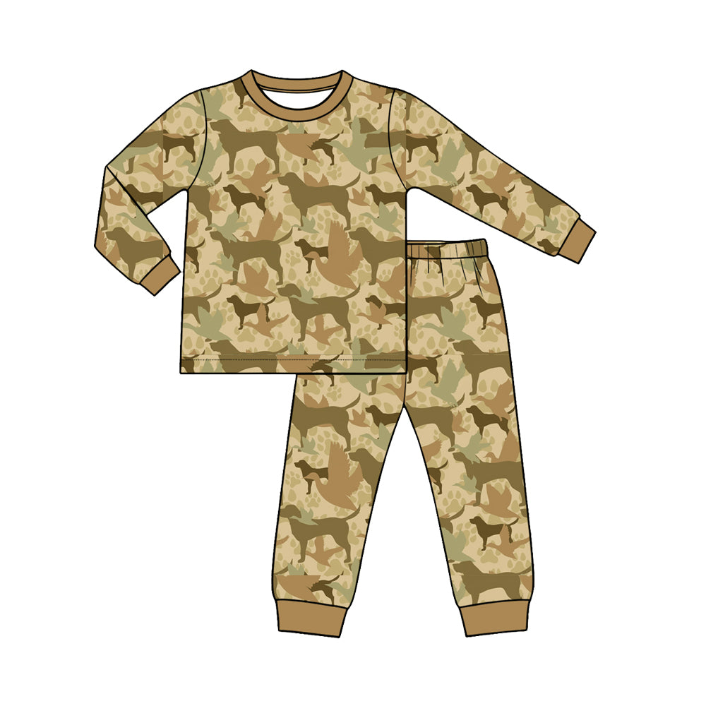 Preorder (moq 5) Baby Boy Clothes Khaki Hunting Dog Bird Camo Print Long Sleeve Tee Pant Set