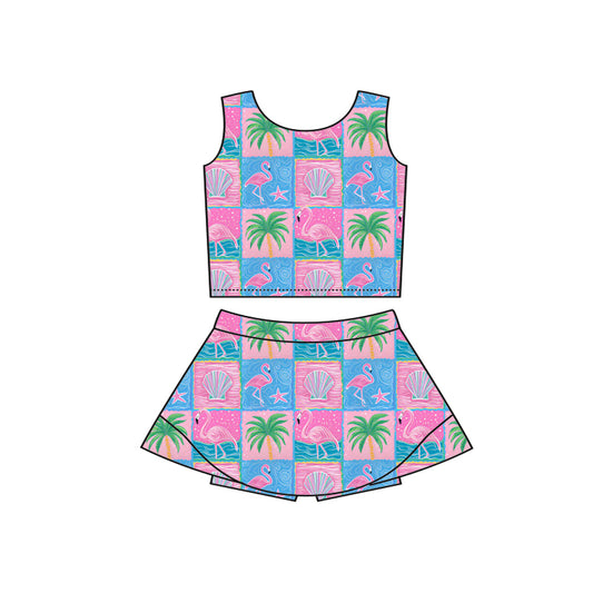 Preorder moq 5 Baby Girls Sleeveless Flamingo Beach Vest Top Skirt Shorts Clothes Sets