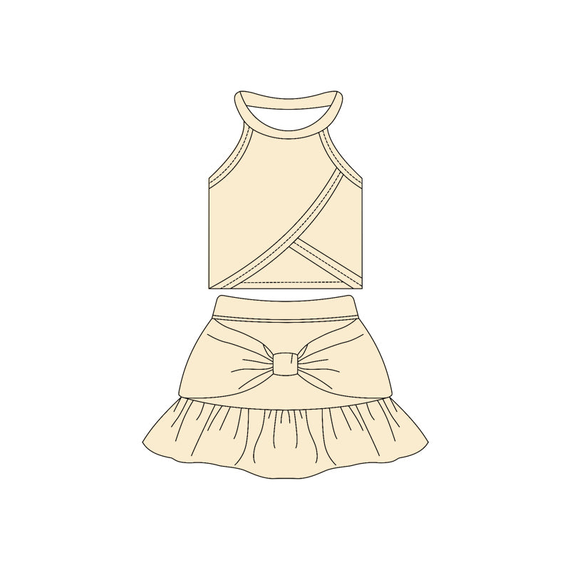 Preorder moq 10 Baby Girls Creamy White Sleeveless Vest Top Bow Ruffle Short Skirts Activity Wear Yoga Set