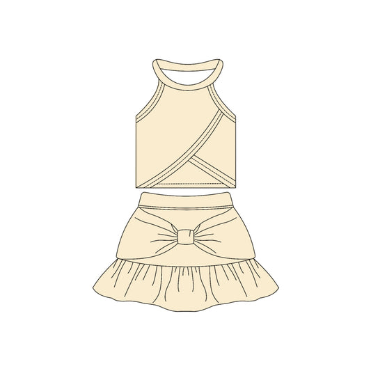 Preorder moq 10 Baby Girls Creamy White Sleeveless Vest Top Bow Ruffle Short Skirts Activity Wear Yoga Set