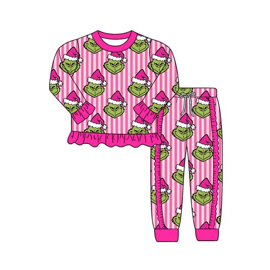 Preorder (moq 5)Baby Girls Pink Stripe Frogs Ruffle Top Jogger Christmas Clothes Set