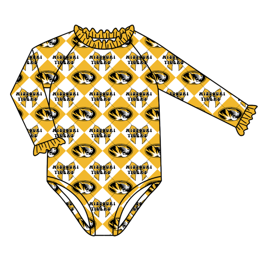 Preorder (moq 5)Baby Girls Long Sleeve Team Bows Checked One Piece Swimsuits