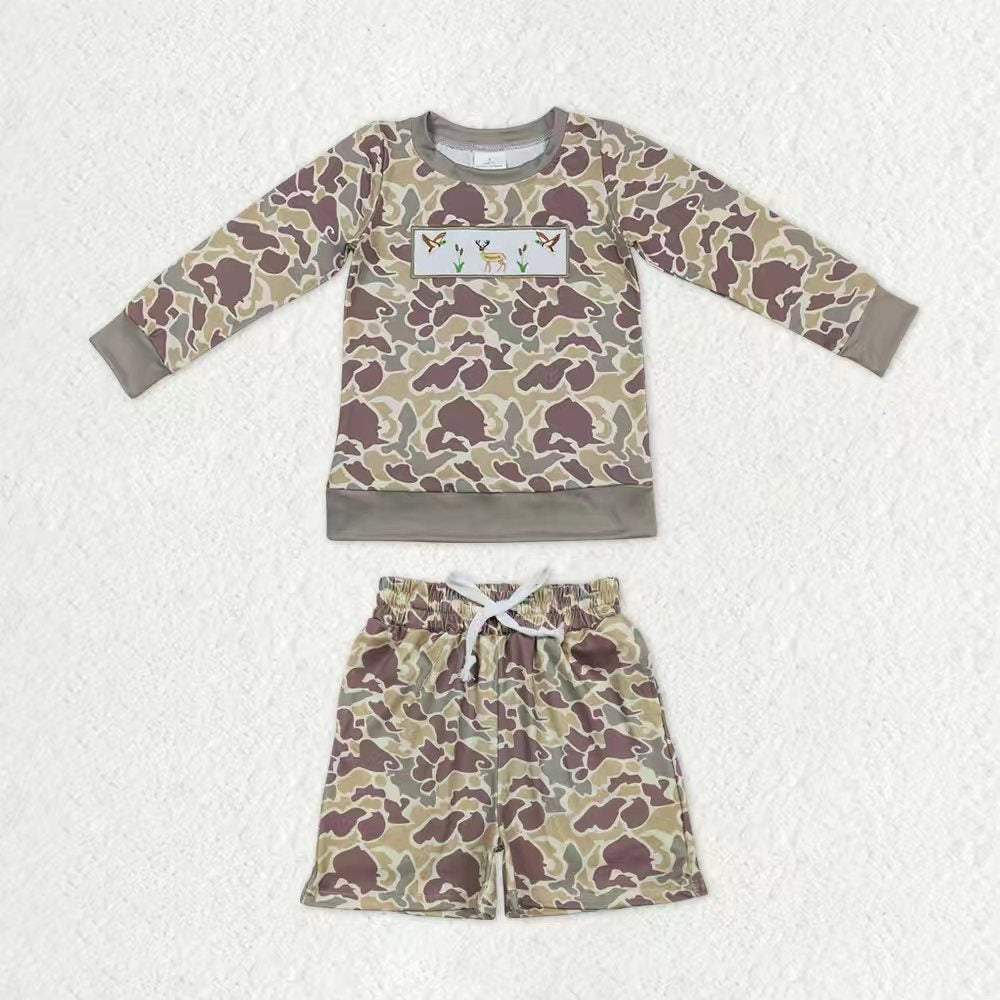 Baby Boys Khaki Camo Embroidery Dog Ducks Zip Pullover Pockets Shorts Hunting Clothes Sets