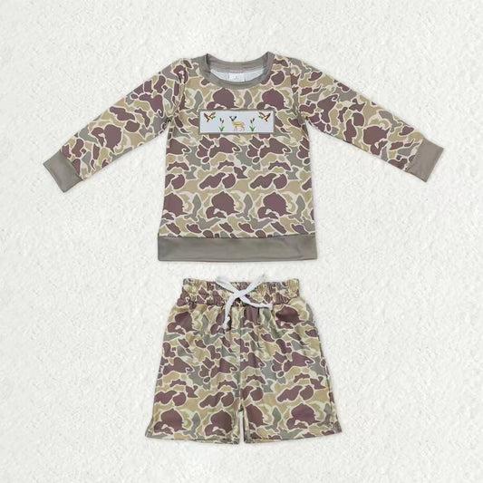 Baby Boys Khaki Camo Embroidery Dog Ducks Zip Pullover Pockets Shorts Hunting Clothes Sets