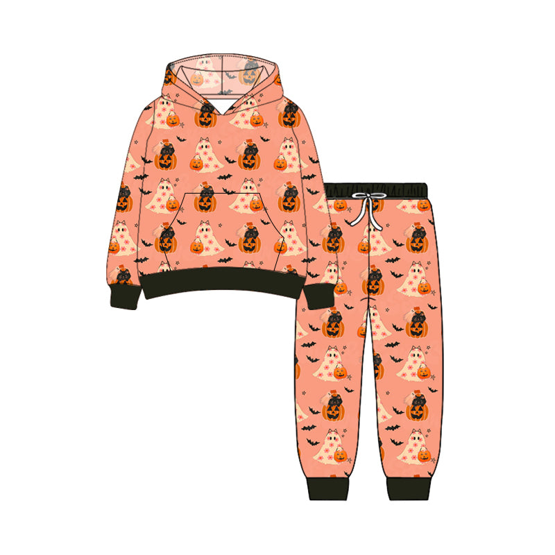 Preorder (moq 5)Baby Girls Long Sleeves Ghost Pumpkins Pocket Hoodies Pant Clothes Set