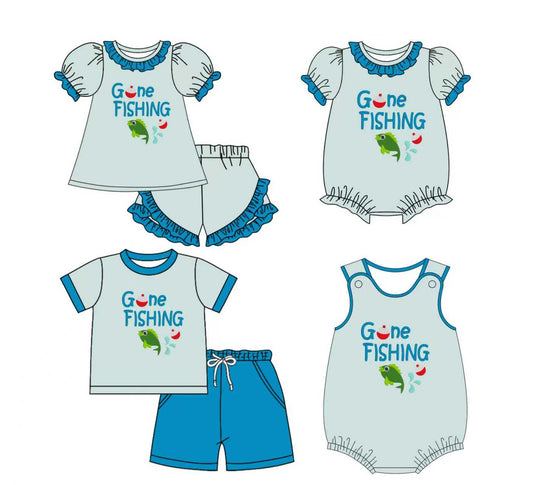 Preorder moq 5 (each item)Baby Kids Gone Fishing Top Shorts Hunting Clothes Sets Rompers