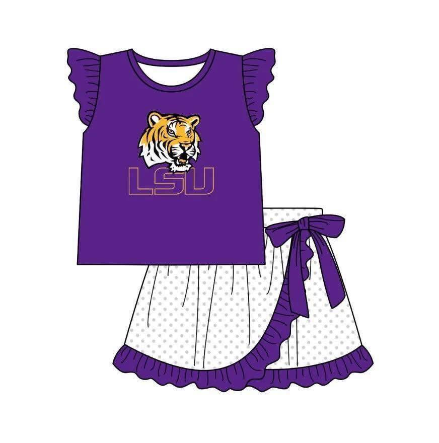 Preorder (moq 5)Baby Girls Purple LSU Tigers Shirt Top Polka Dots Skirt Short Team Sets