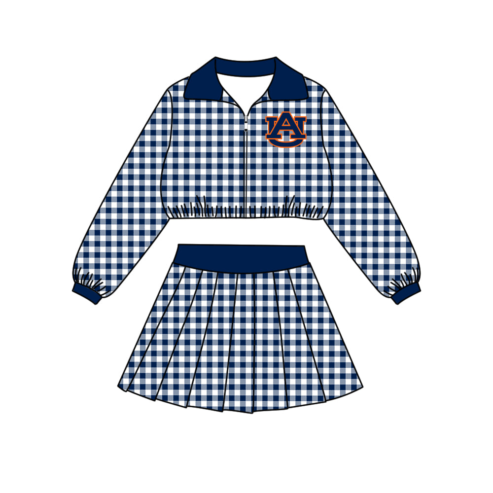 Preorder (moq 5) Girls’ Team Dark Blue Plaid Collared Long-Sleeve Zip-Up Jacket & Matching Pleated Skirt 2-Piece Set