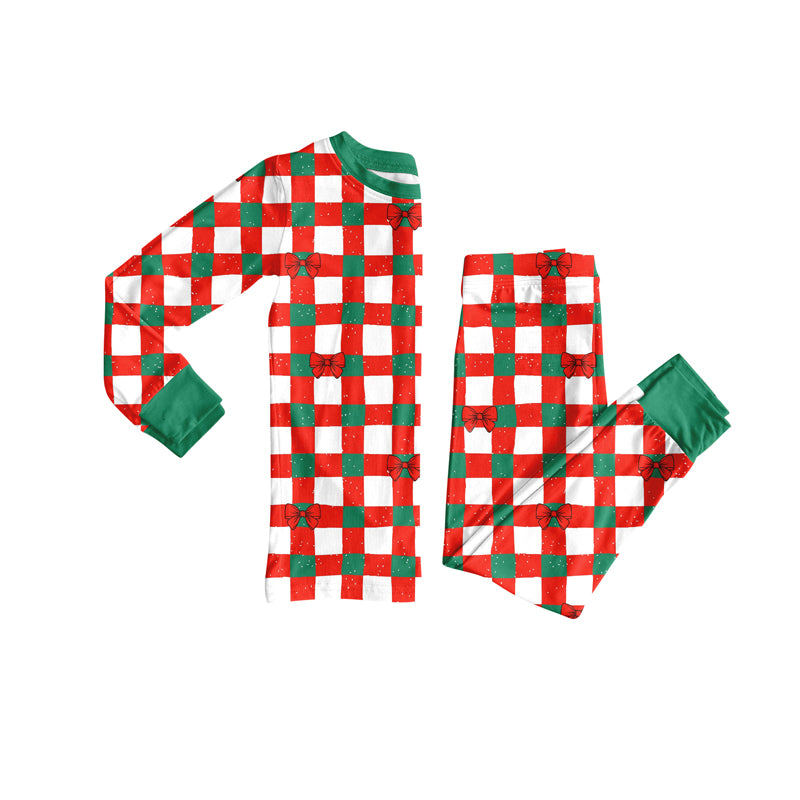 Preorder (moq 5)Baby Girls Red Green Bows Checked Top Pant Christmas Pajamas Set