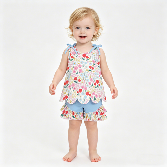 Baby Girls Sleeveless Colorful Flowers Scallop Tunic Ruffle Shorts Clothes Set