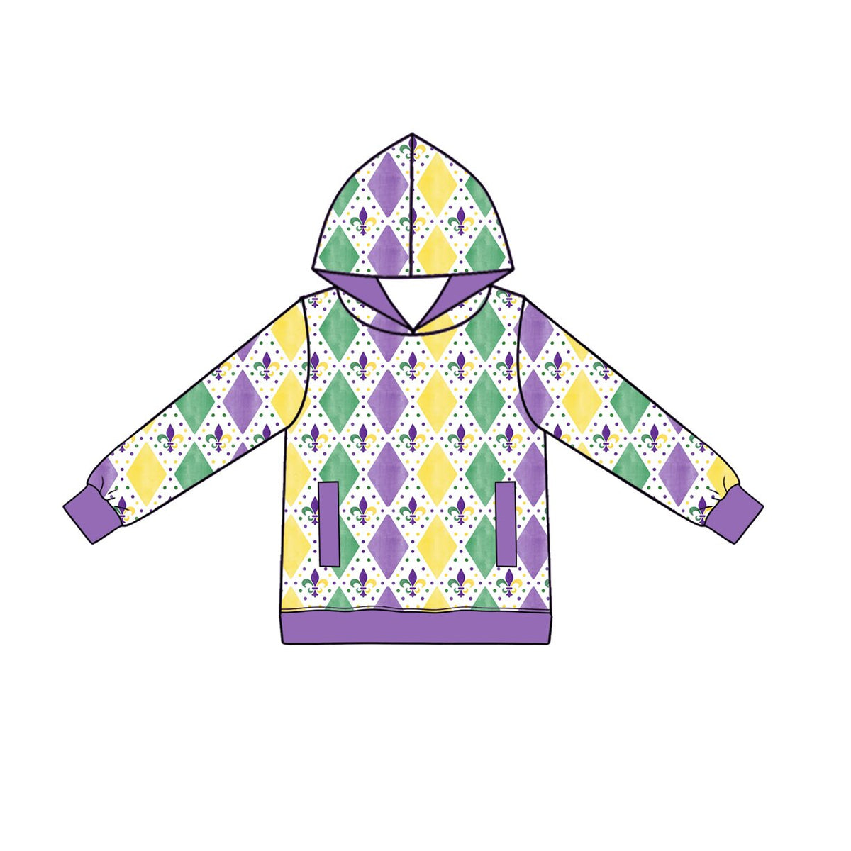 Preorder (moq 5) Baby Boy Clothes Mardi Gras Diamond Fleur De Lis Print Long Sleeve Hoodie