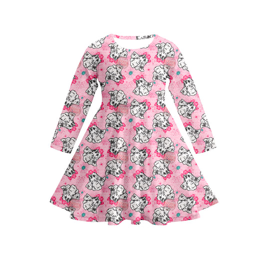 Preorder (moq 5)Baby Girls Long Sleeves Pink Bows Ghosts Plaid Knee Length Dresses