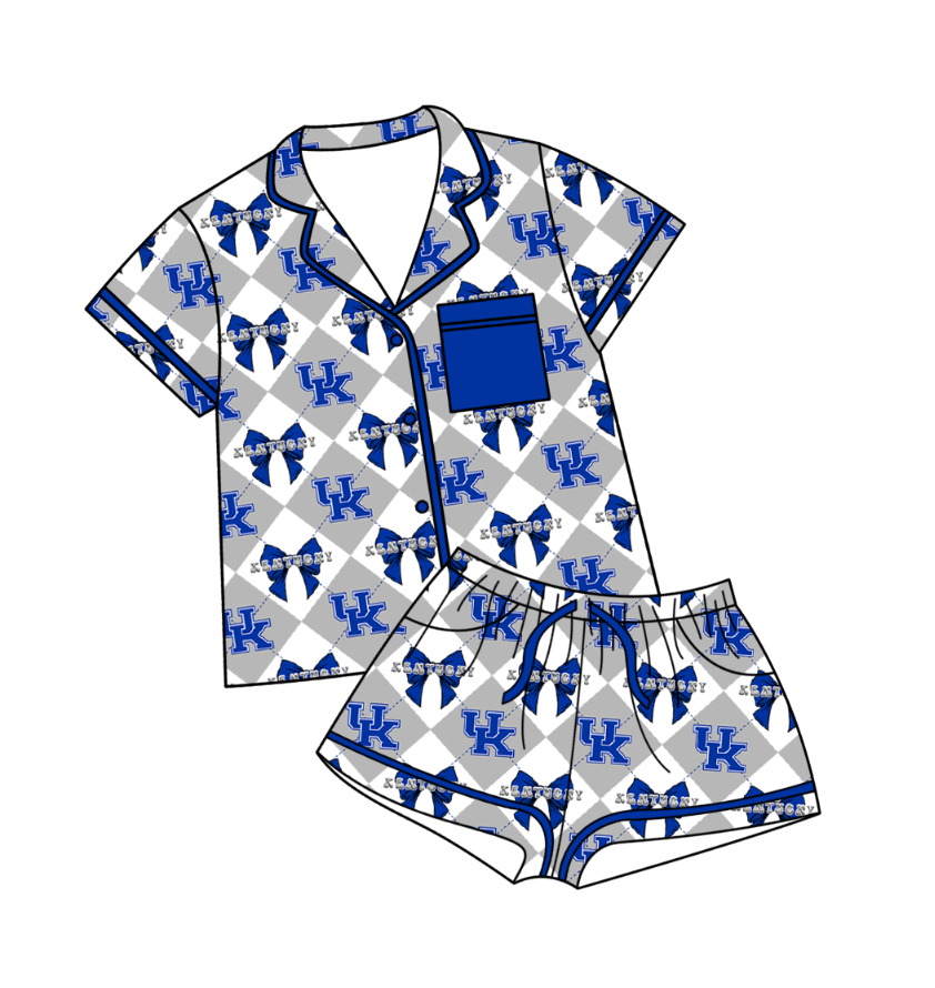 Preorder moq 5 Baby Girls UK Bows Checked Button Pocket Top Shorts Team Pajamas Set