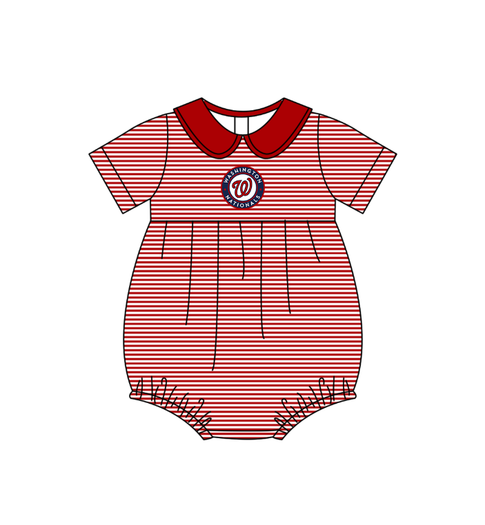 Preorder (moq 5)Baby Girls Short Sleeve Washington Stripe Team Ruffle Rompers