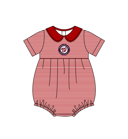 Preorder (moq 5)Baby Girls Short Sleeve Washington Stripe Team Ruffle Rompers