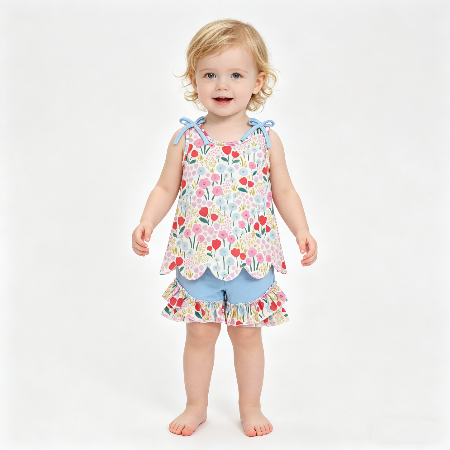 Sibling Baby Girls Colorful Flowers Scallop Tunic Ruffle Short Clothes Sets