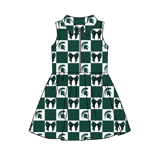 Preorder (moq 5) Baby Girls Sleeveless Bows Michigan Checked Team Zip Knee Length Dress