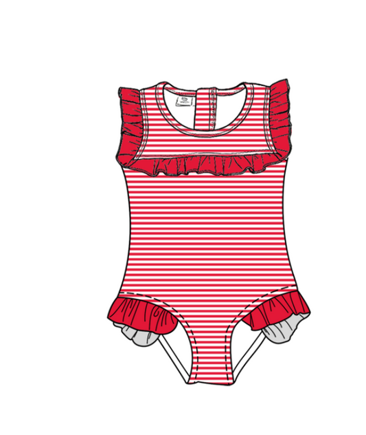 Preorder moq 5 Baby Girls Sleeveless Red Stripe Team Swimsuits