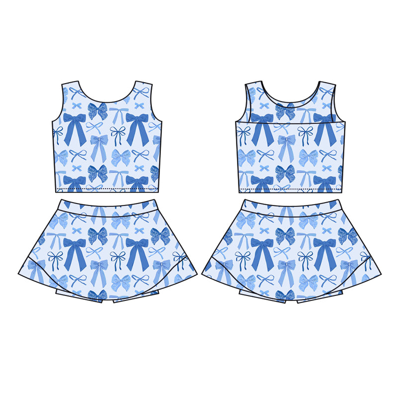 Preorder (moq 5)Baby Girls Blue Sleeveless Bows Vest Top Short Skirts Set