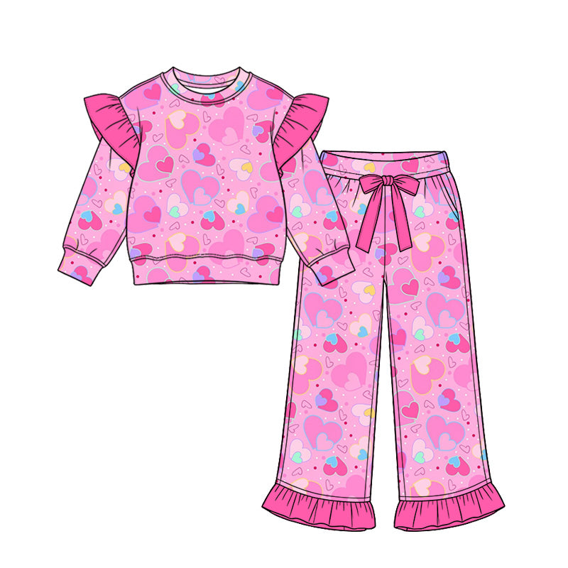 Preorder (moq 5)Baby Girls Colorful Hearts Top Pockets Ruffle Pant Valentines Clothes Set