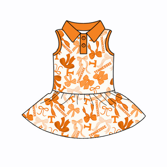 Preorder (moq 5)Baby Girls Orange Sleeveless Bows Plaid Tennessee Button Team Knee Length Dresses