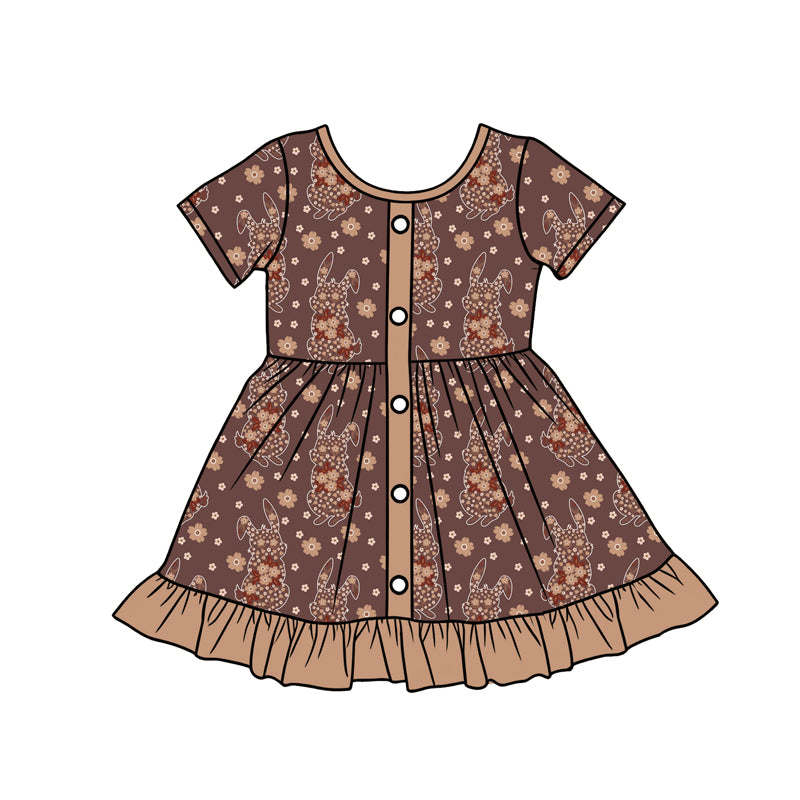 Preorder (moq 5)Baby Girls Brown Flowers Rabbits Button Easter Ruffle Knee Length Dress