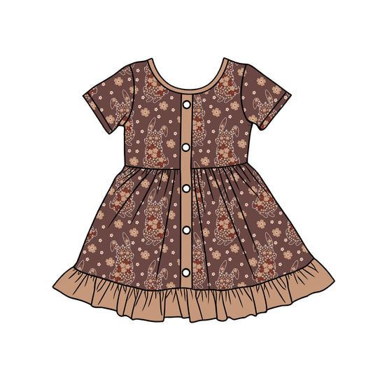 Preorder (moq 5)Baby Girls Brown Flowers Rabbits Button Easter Ruffle Knee Length Dress