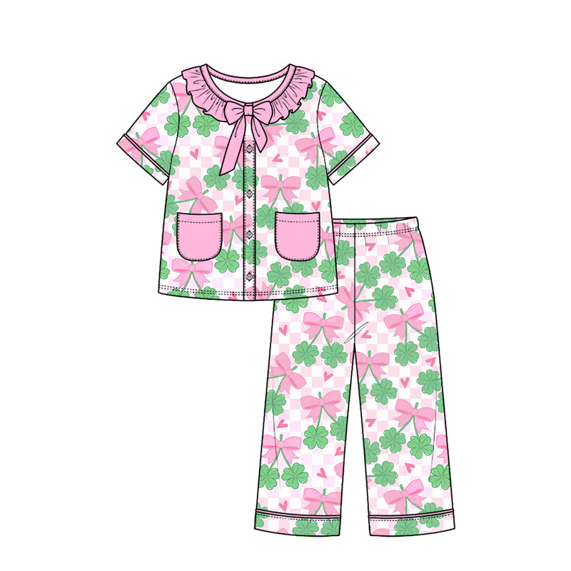 Preorder (moq 5) Baby Girl Clothes Pink Checker Clover Bow Heart Mixed Print Short Sleeve Ruffle Bow Long Pant Pajama Set