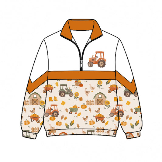 Preorder (moq 5)Baby Boys Pumpkins Leaves Trucks Farm Fall Zip Pullovers Top